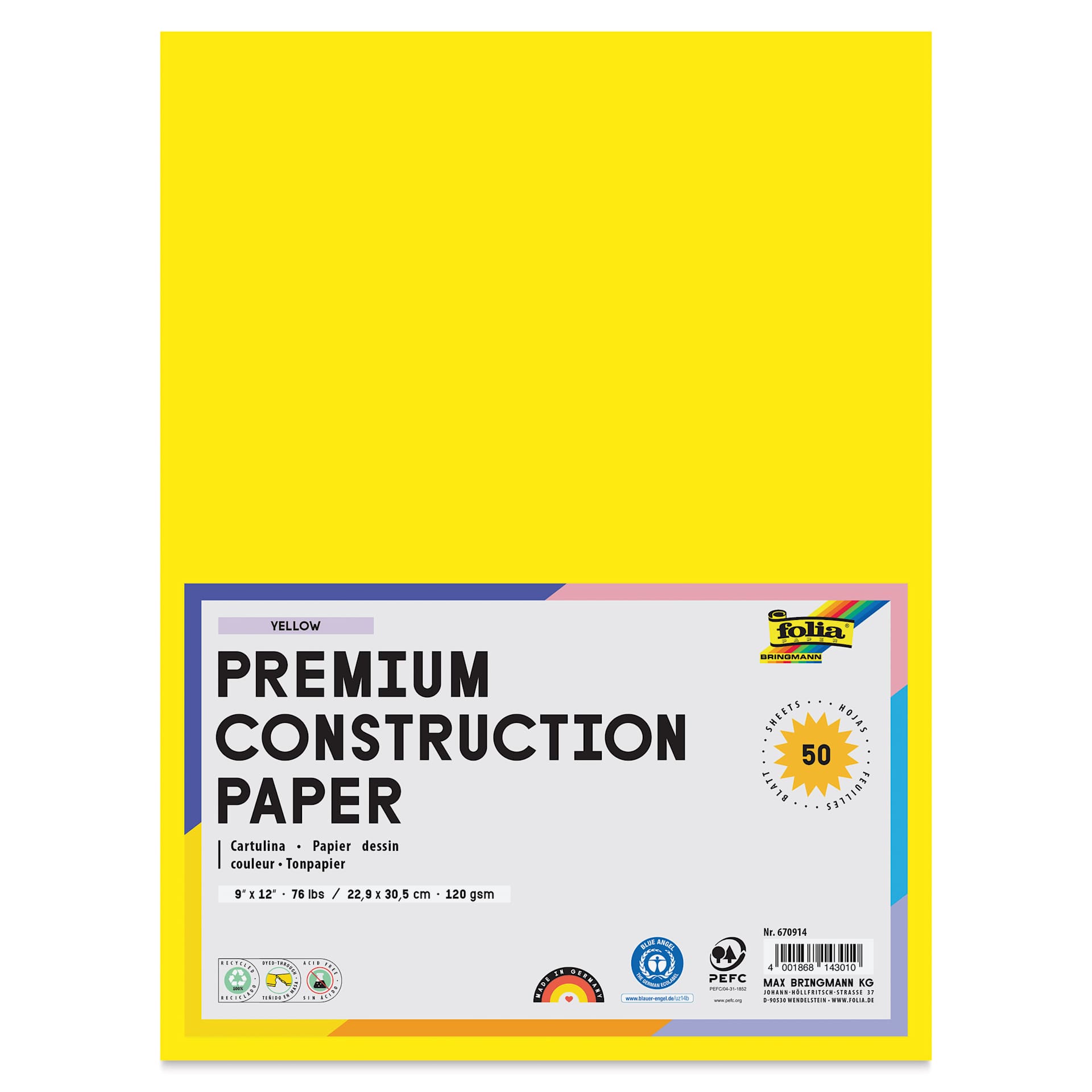 Folia Premium Construction Paper - Pkg of 50, Yellow, 9" x 12", front of packaging