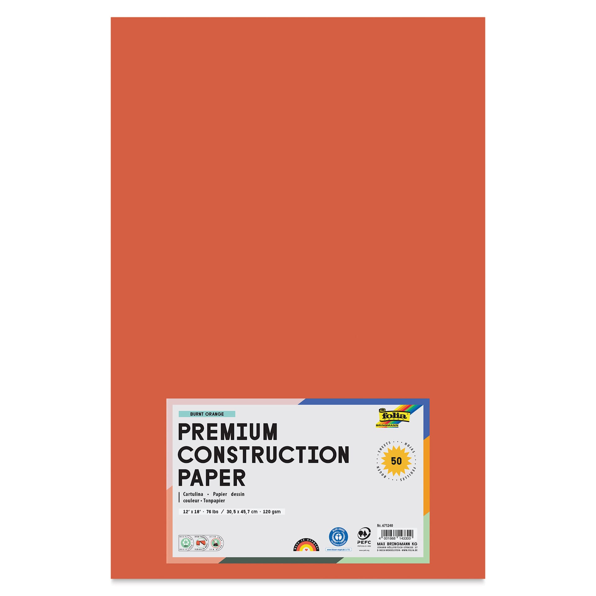 Folia Premium Construction Paper - Pkg of 50, Burnt Orange, 12" x 18", front of packaging