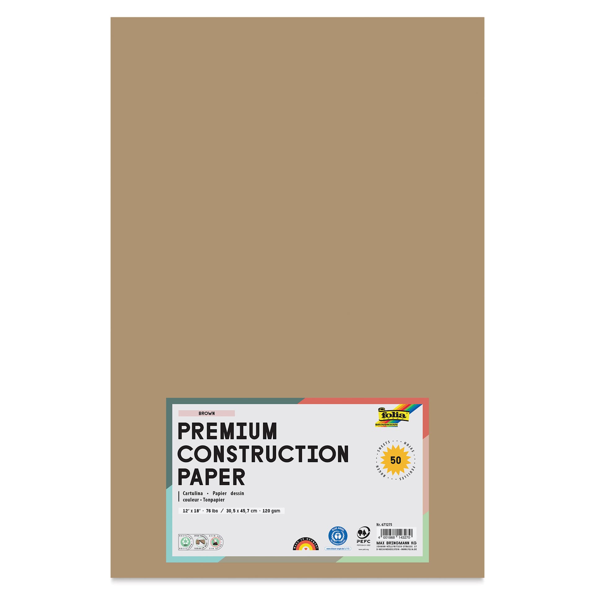 Folia Premium Construction Paper - Pkg of 50, Brown, 12" x 18", front of packaging