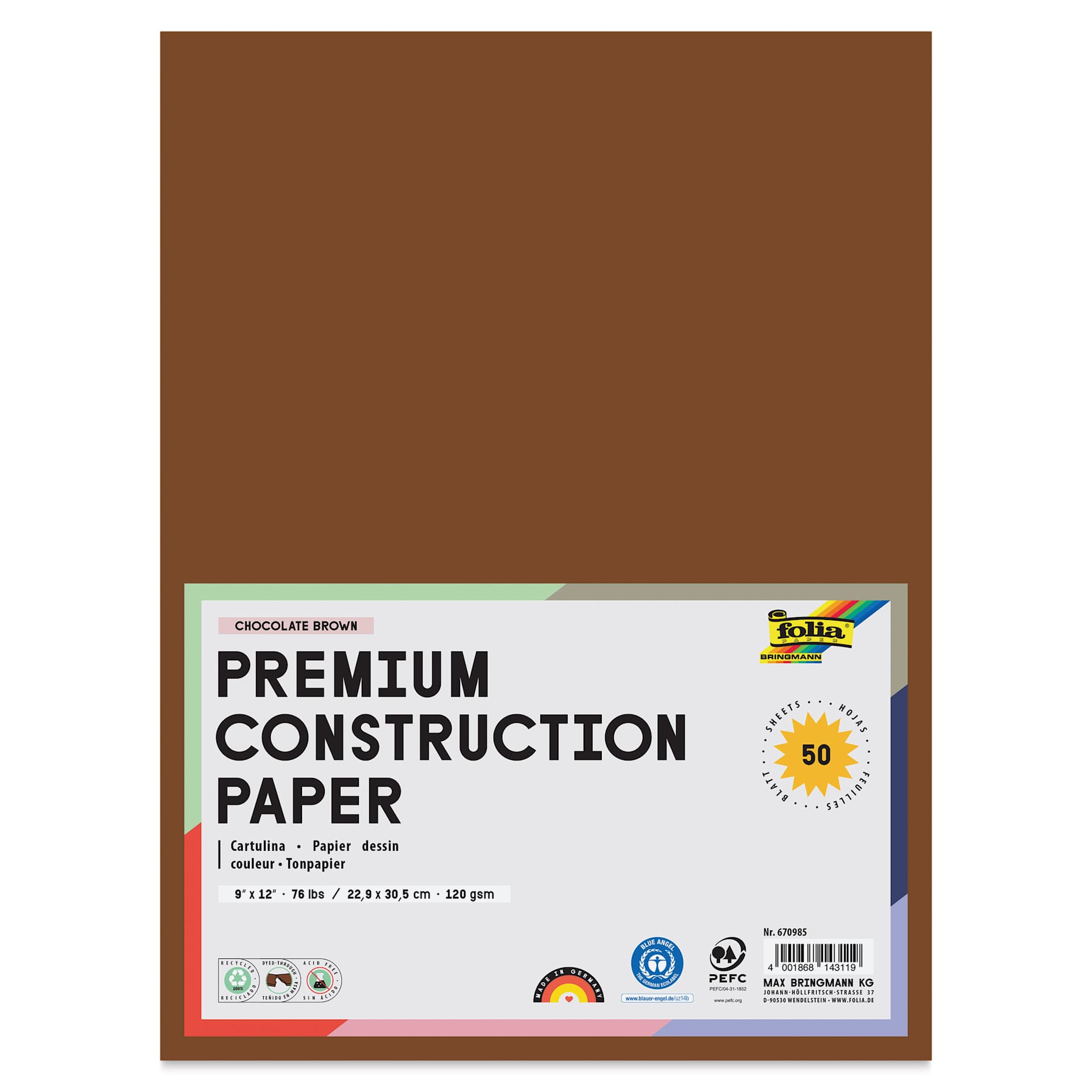 Folia Premium Construction Paper - Pkg of 50, Chocolate Brown, 9" x 12", front of packaging