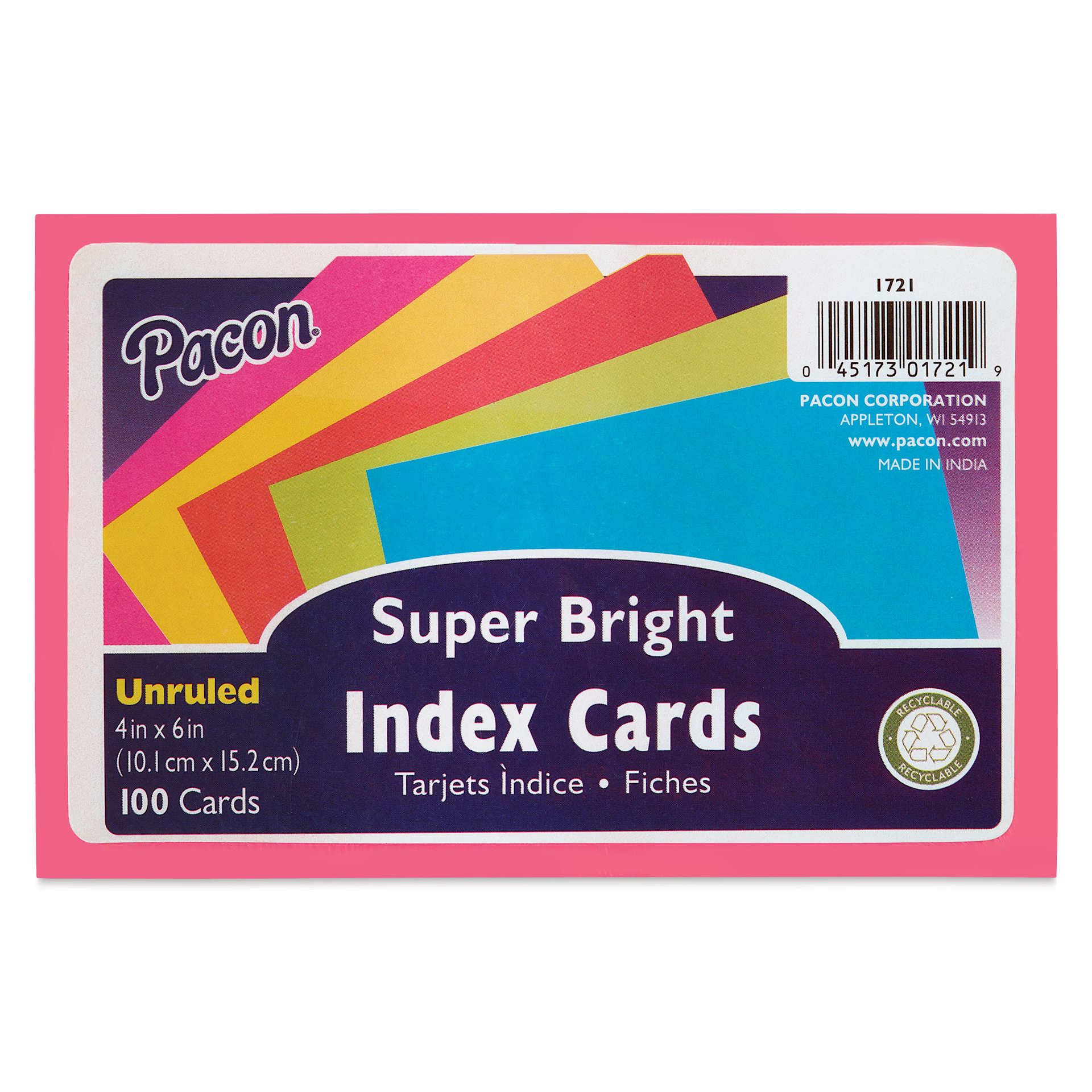 Pacon Index Cards - Pkg of 100, Super Bright, 4" x 6", Blank, front of packaging