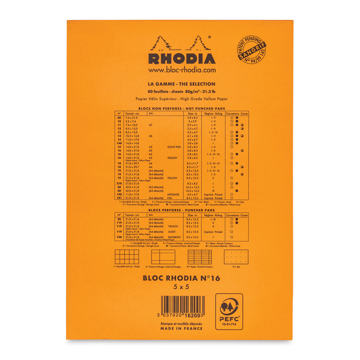 Rhodia Top-Stapled Notepad - Orange, Graph, 6" x 8-1/4" (back of pad)