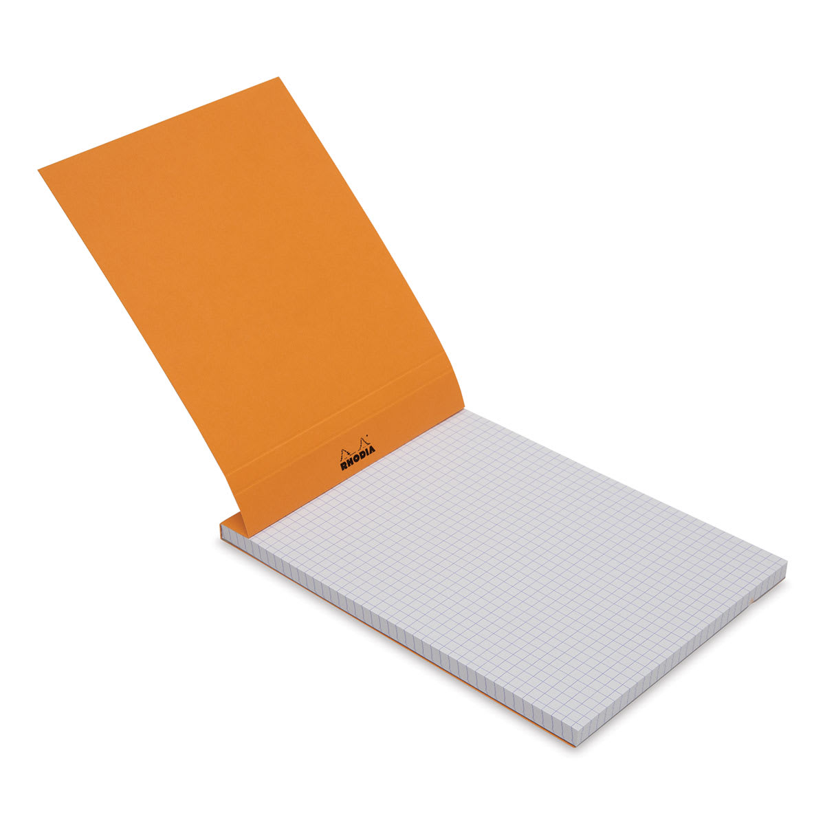 Rhodia Top-Stapled Notepad - Orange, Graph, 6" x 8-1/4" (cover raised to show paper)