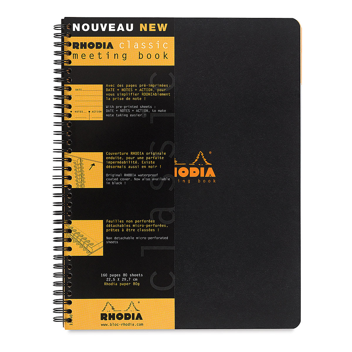Rhodia Wirebound Meeting Notebook - Black, Lined, 11-3/4" x 9"