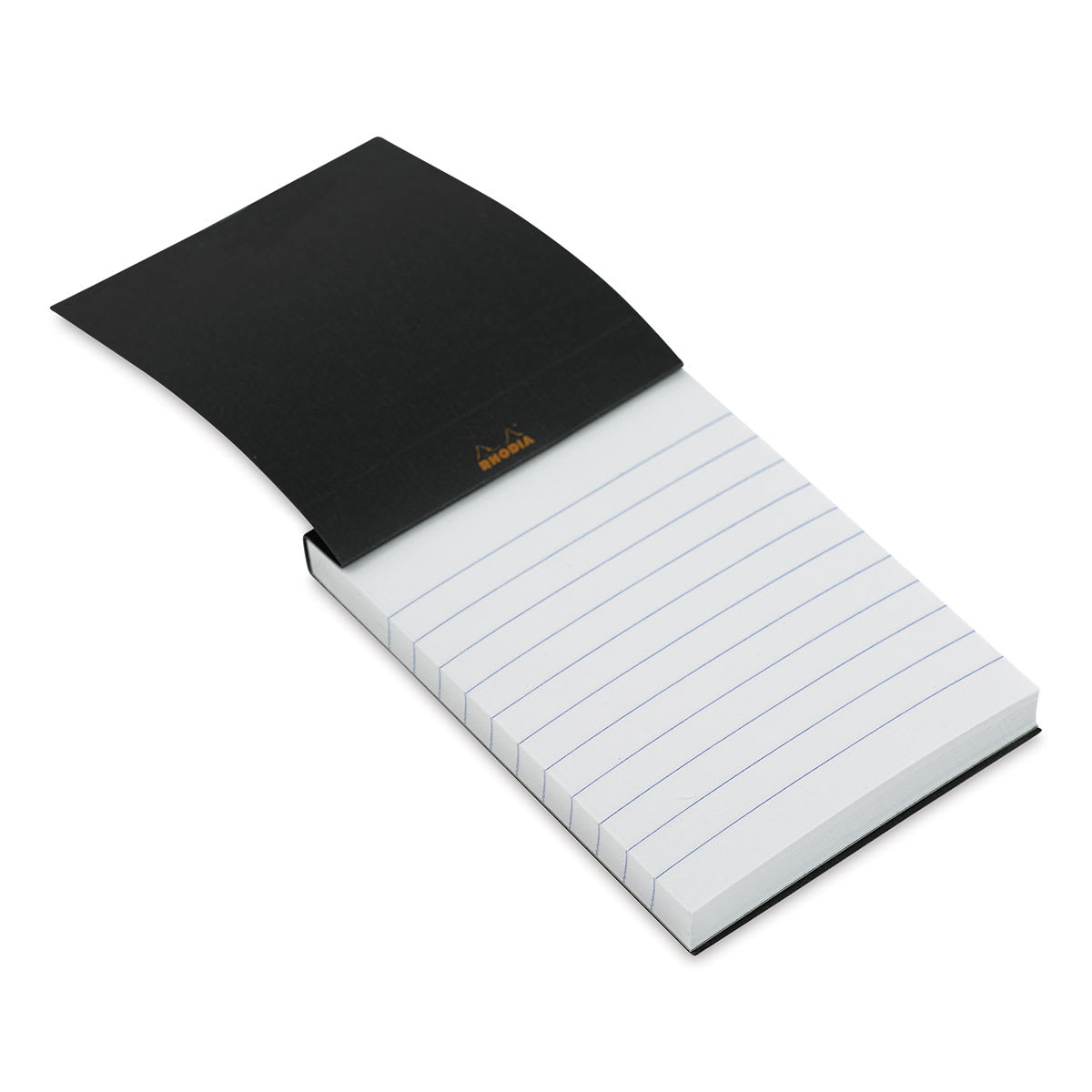 Rhodia Top-Stapled Notepad - Black, Ruled, 3" x 4" (cover raised to show paper)