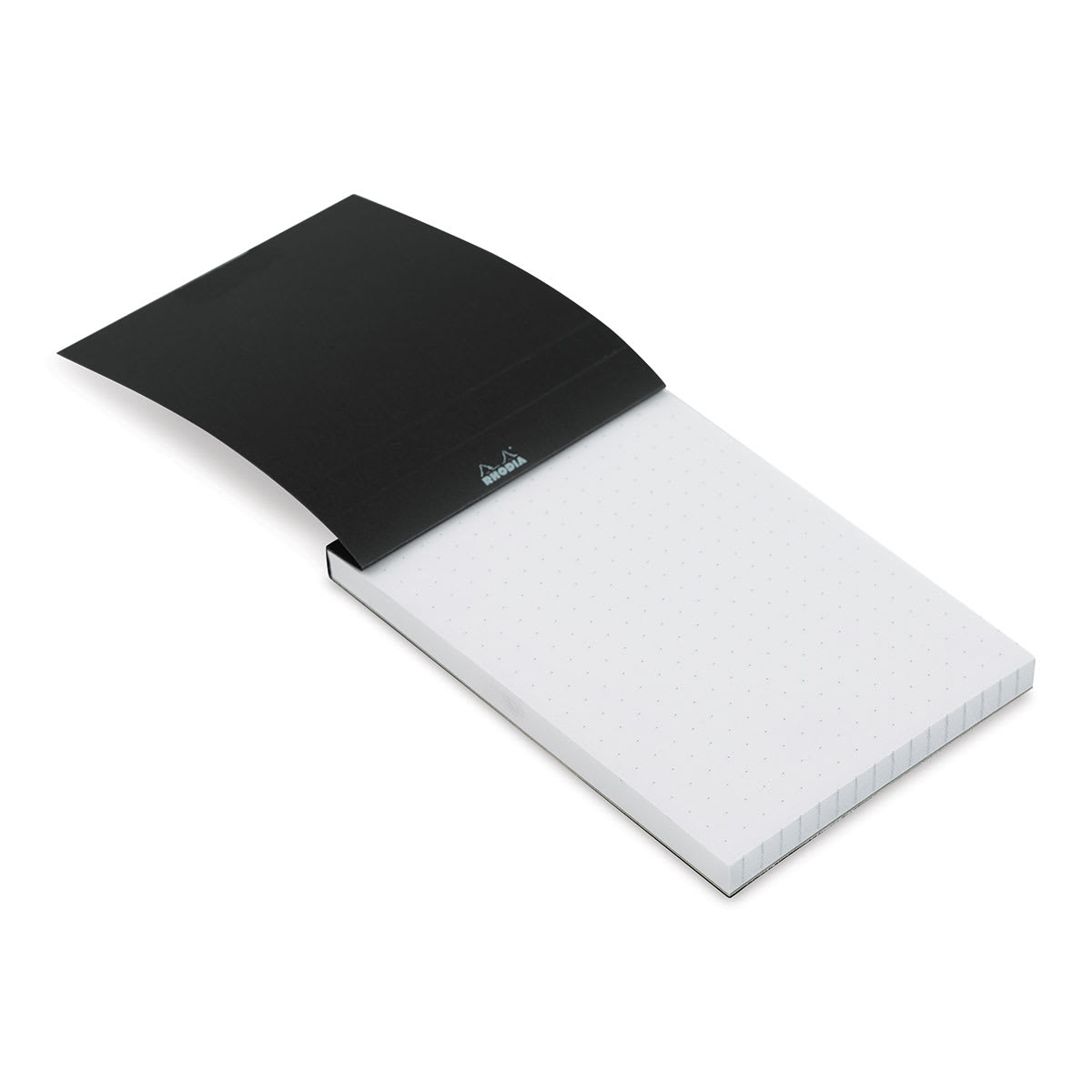 Rhodia Top-Stapled Notepad - Black, DotPad, 3-3/8" x 4-3/4" (cover raised to show paper)