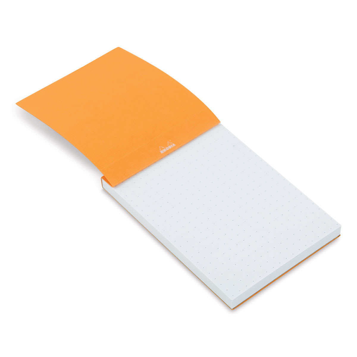 Rhodia Top-Stapled Notepad - Orange, DotPad, 3-3/8" x 4-3/4" (cover raised to show paper) Rhodia Top-Stapled Notepad - Orange, DotPad, 3-3/8" x 4-3/4" (cover raised to show paper)