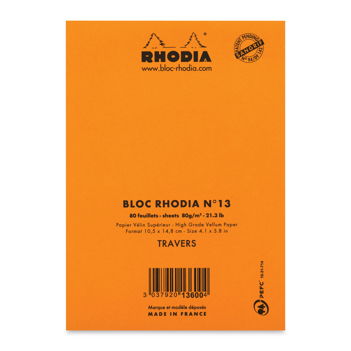 Rhodia Top-Stapled Notepad - Orange, Ruled, 4" x 6" (back cover)