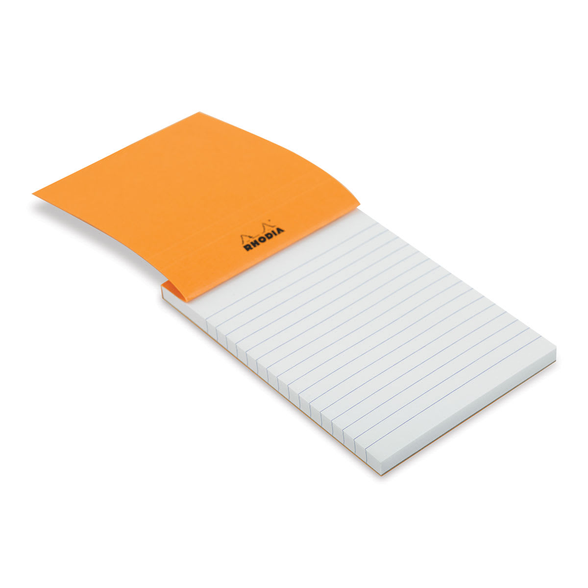 Rhodia Top-Stapled Notepad - Orange, Ruled, 4" x 6" (cover raised to show paper) Rhodia Top-Stapled Notepad - Orange, Ruled, 4" x 6" (cover raised to show paper)