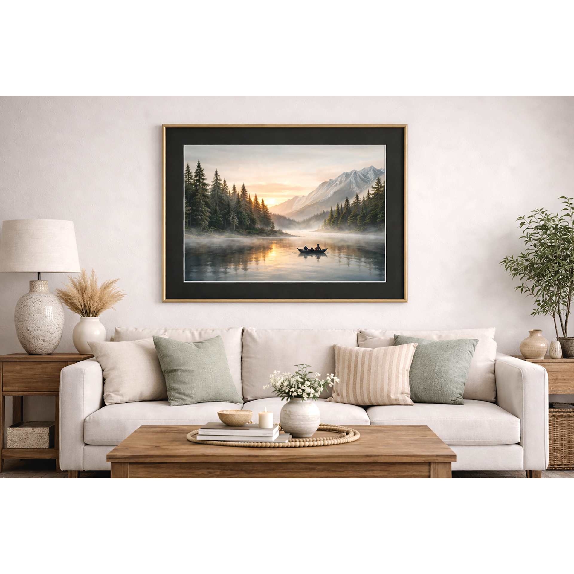 Crescent Berkeley White Core Matboard, used in framed artwork hung on living room wall.