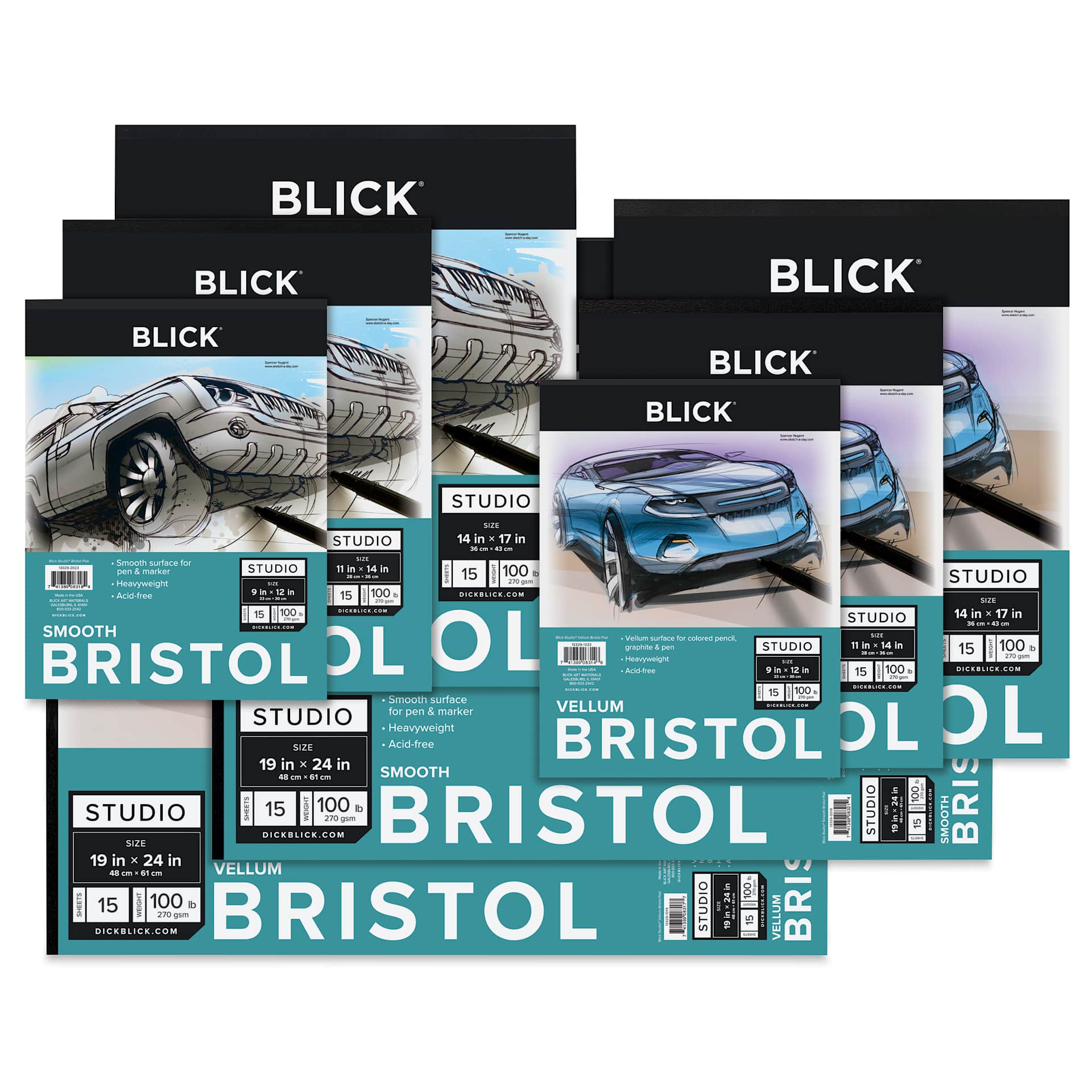 Blick Studio Bristol Pads, front covers of Smooth and Vellum pads in available sizes