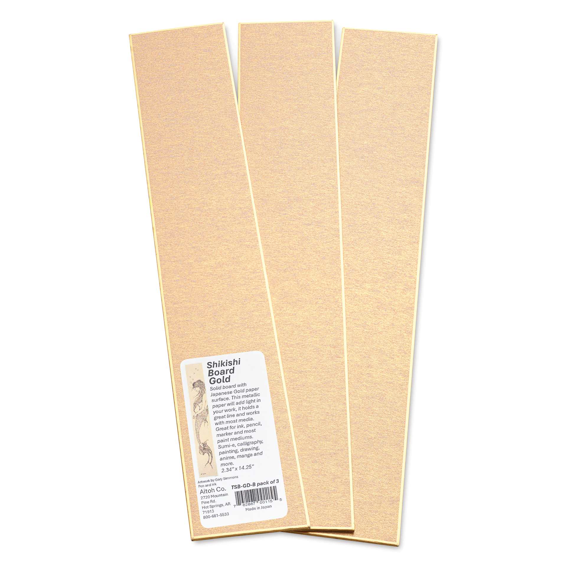Aitoh Gold Paper Shikishi Boards - 2-1/5" x 14-1/4", Pkg of 3, with packaging label
