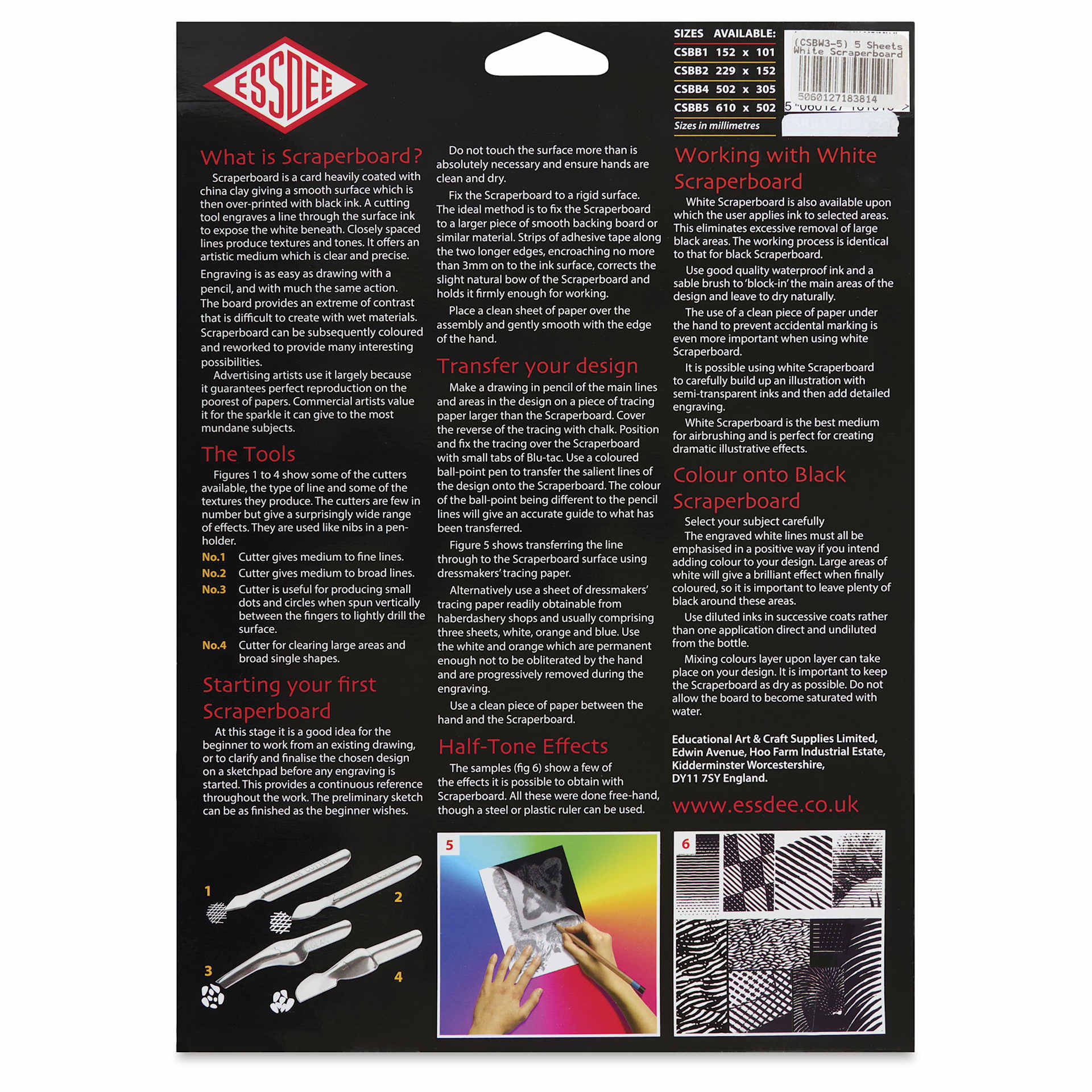 Essdee Scraperboard - Pkg of 5, 9" x 12", White, Un-Inked - back of packaging