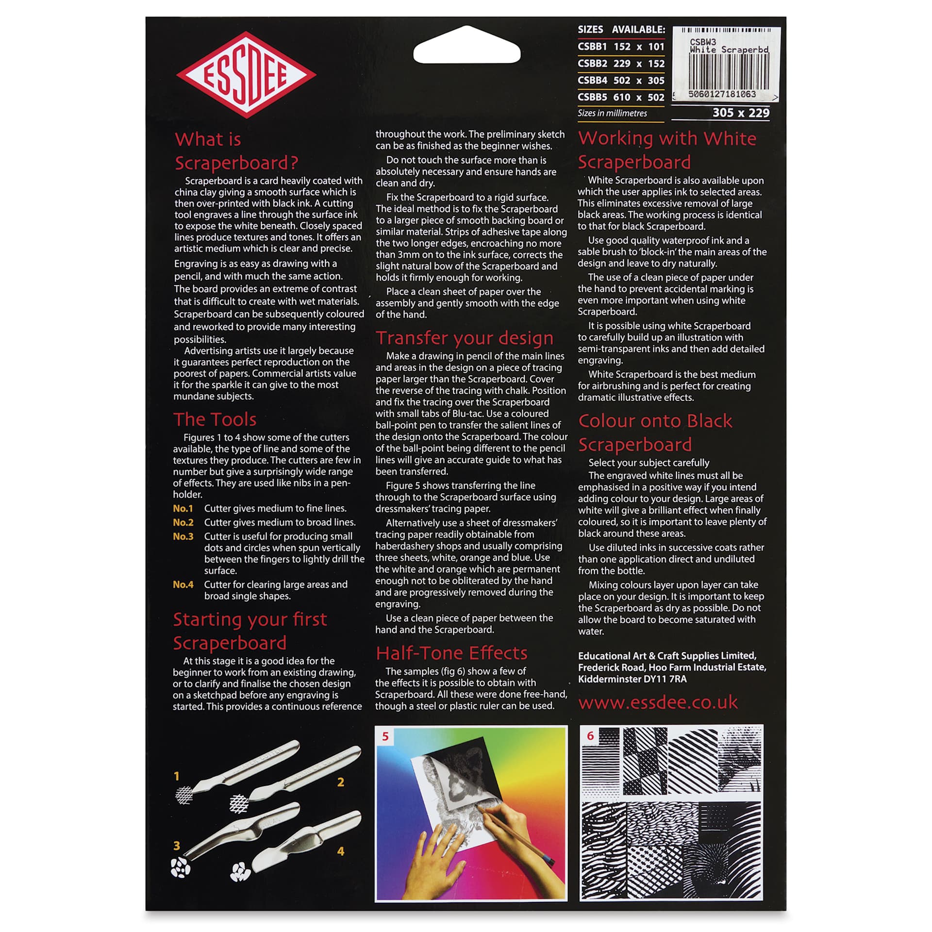 Essdee Scraperboard - Pkg of 10, 9" x 12", White, Un-Inked - back of packaging