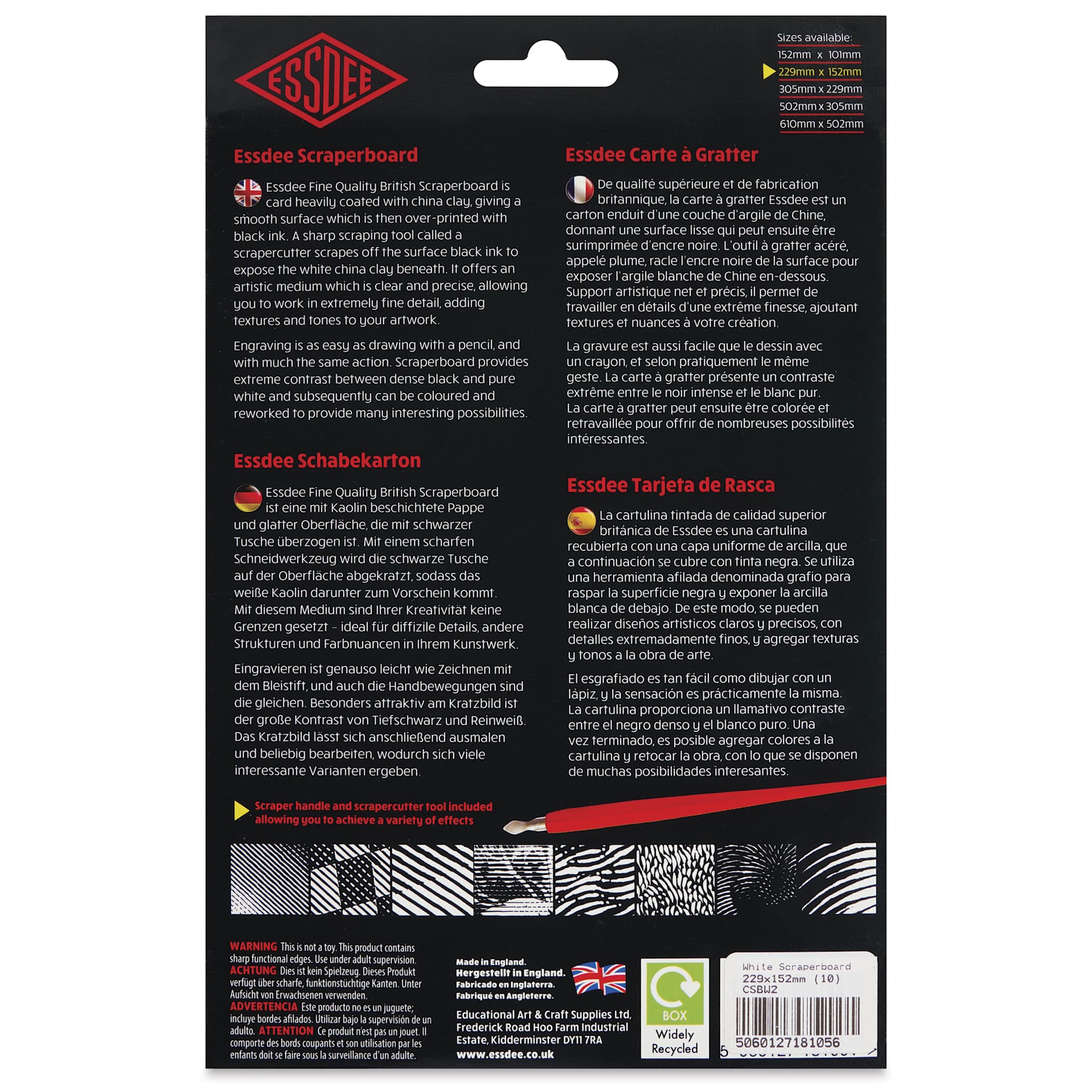 Essdee Scraperboard - Pkg of 10, 6" x 9", White, Un-Inked - back of packaging