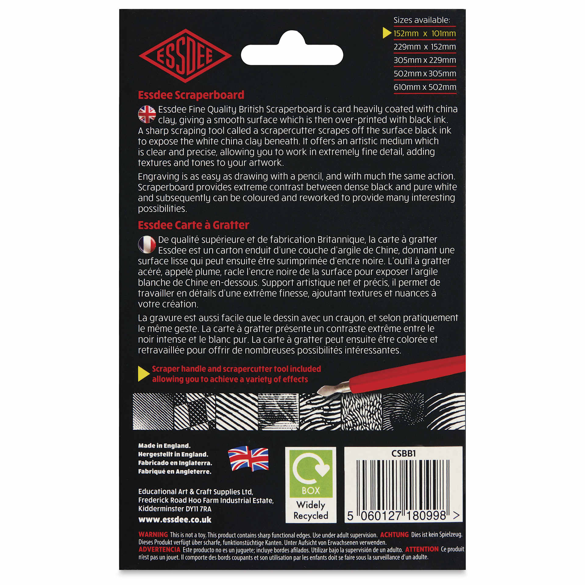 Essdee Black Pre-Inked Scraperboard - Pkg of 10, 4" x 6" - back of packaging