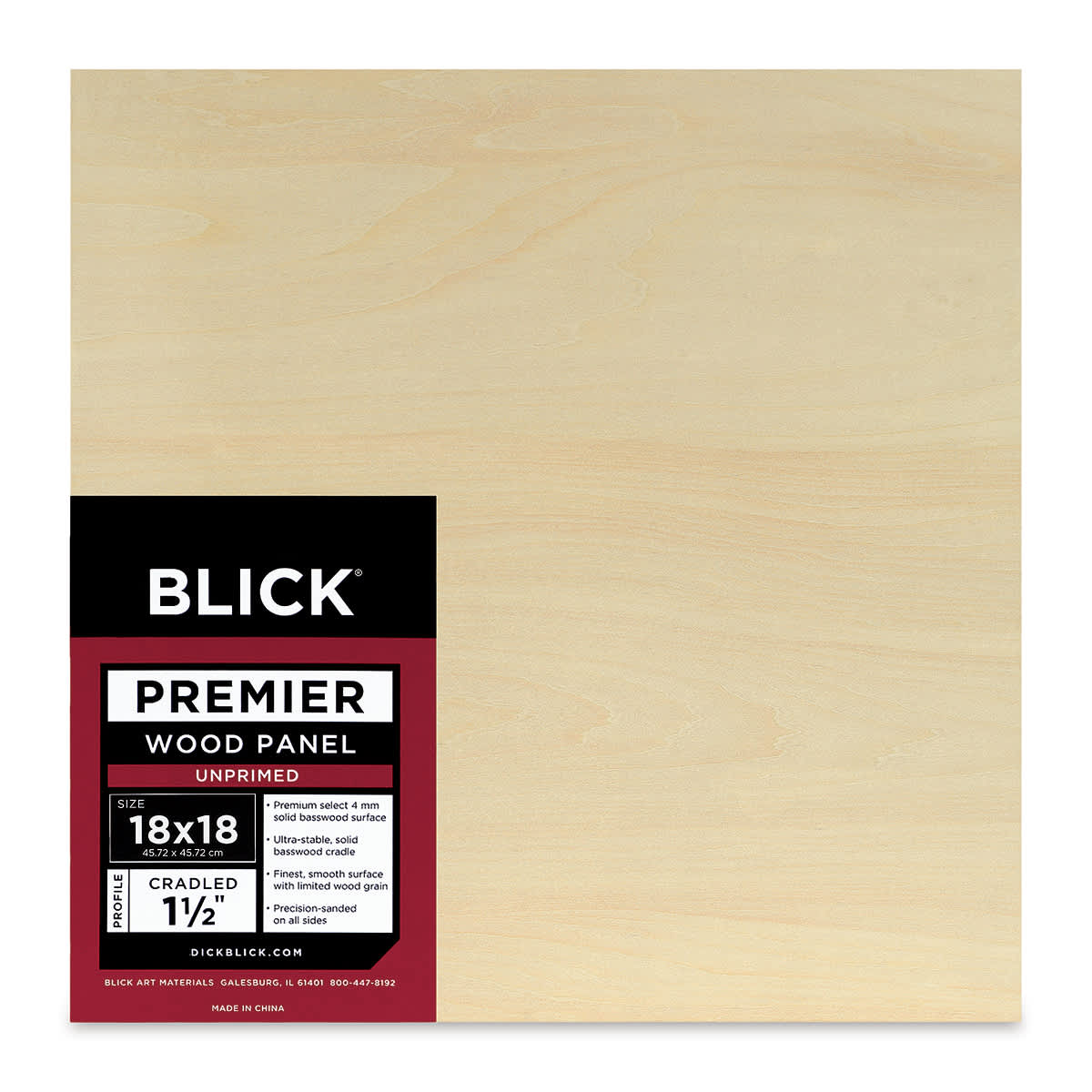 Blick Premier Wood Panel - 18'' x 18'', 1-1/2'' Gallery Profile, Cradled (front)