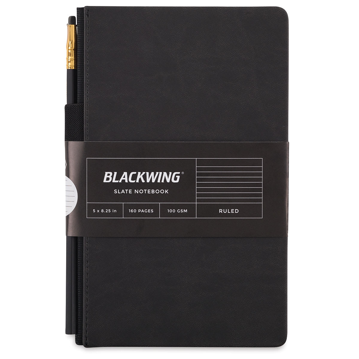 Blackwing Slate Notebooks - Front view of packaged ruled black notebook with pencil
