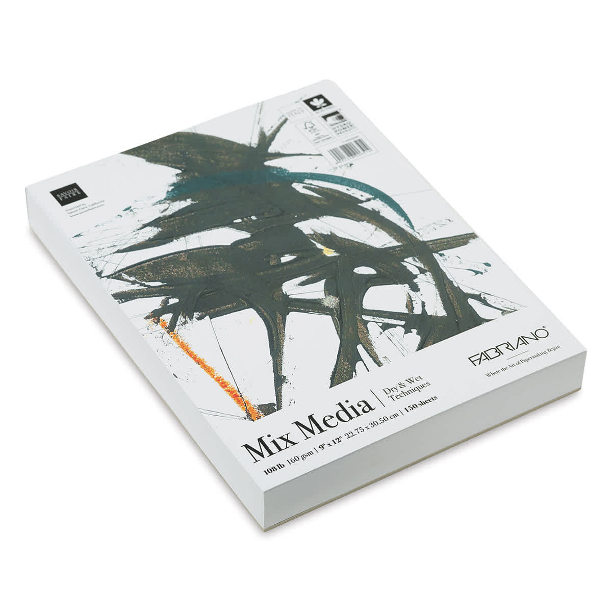 Fabriano Studio Mixed Media Fat Pad - angled view of 9" x 12" pad showing cover and sheets