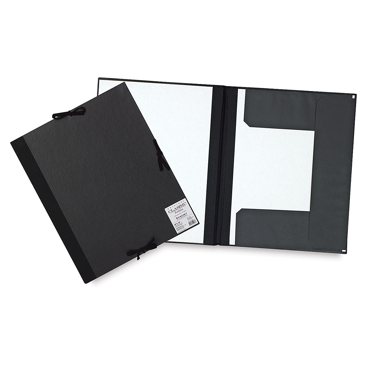 Cachet Classic Portfolios - 1 closed and 1 open portfolio showing protective flaps for artwork Cachet Classic Portfolios - 1 closed and 1 open portfolio showing protective flaps for artwork