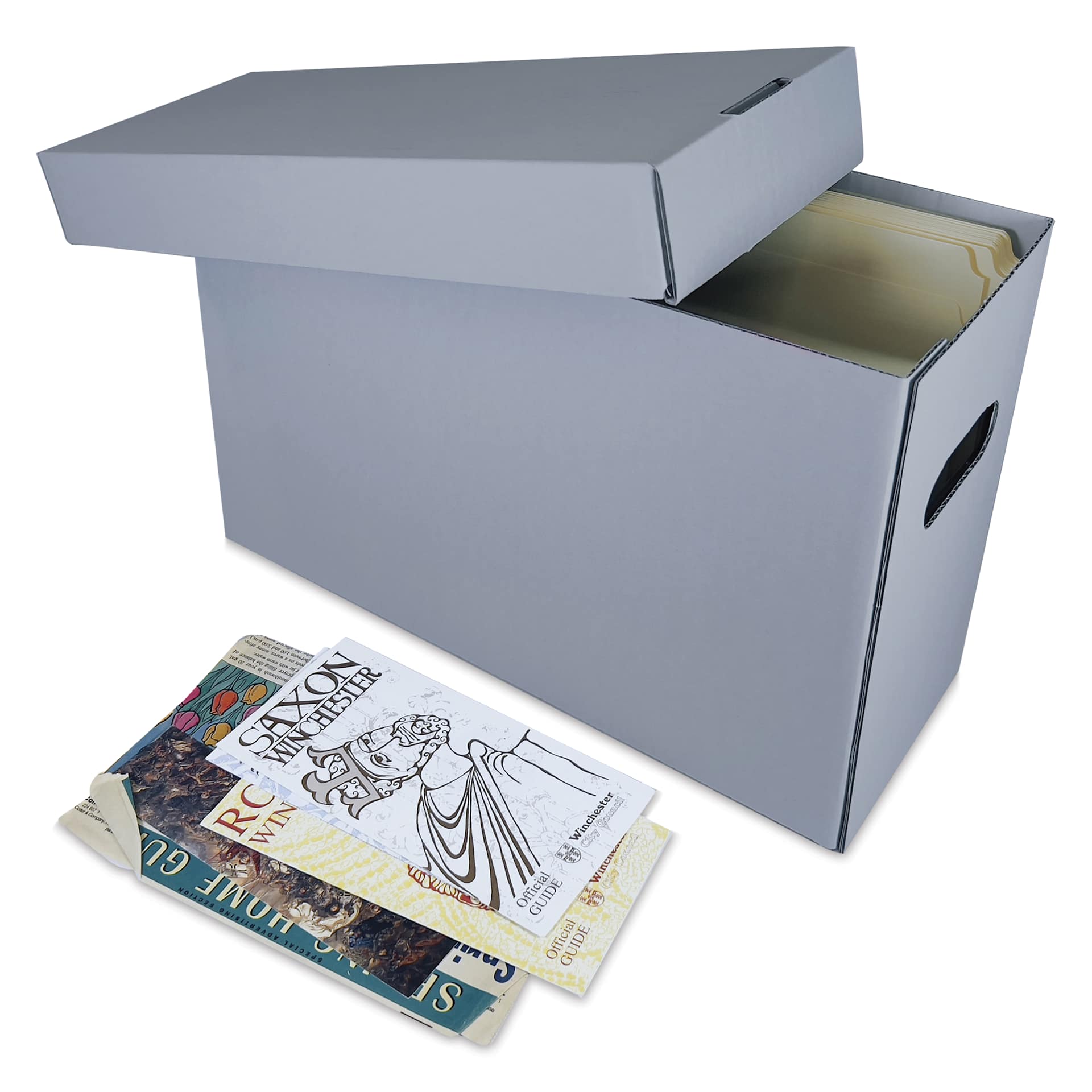 Lineco Archival Record Storage Box - Blue Gray, 6" x 15" x 10" with lid slightly off 