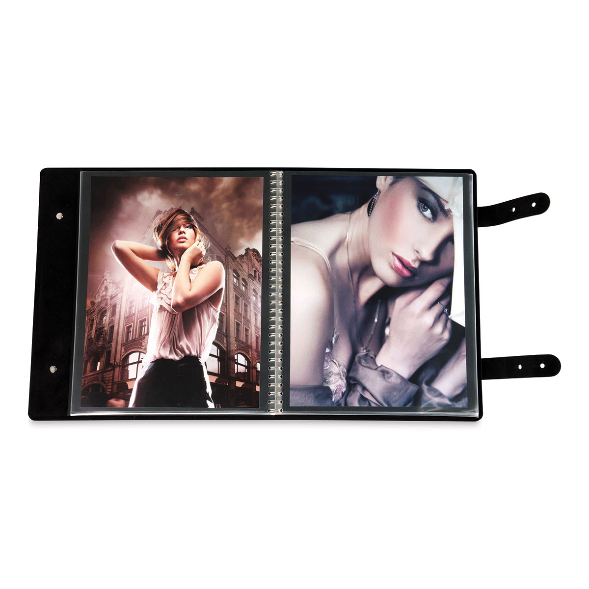 Prat Leather Spiral Presentation Book -  14" x 11", Double Tab Closure, Black, Portrait