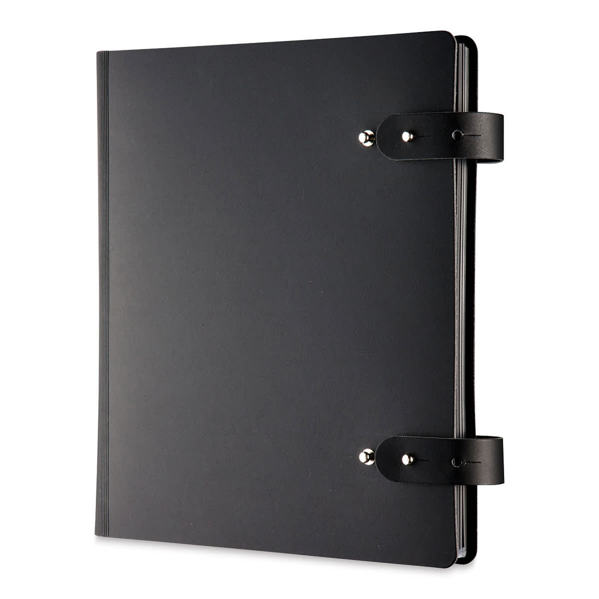 Prat Leather Spiral Presentation Book - 8 1/2" x 11", Double Tab Closure, Black, Landscape shown at an angle