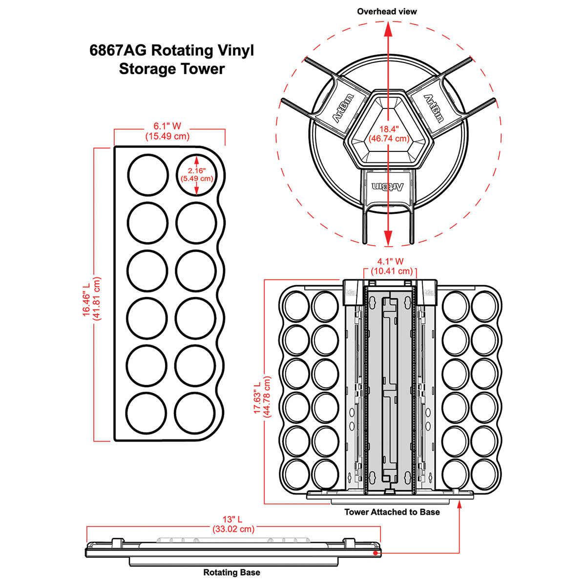 ArtBin Rotating Vinyl Storage Rack - White, 36 Slots (illustration with dimensions)