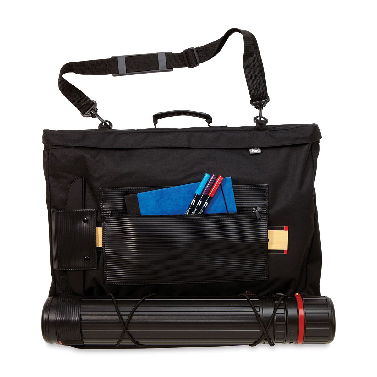 Prat Softside Backpack Portfolio - 18" x 24" x 2 1/2", Black, shown with accessories (not included)