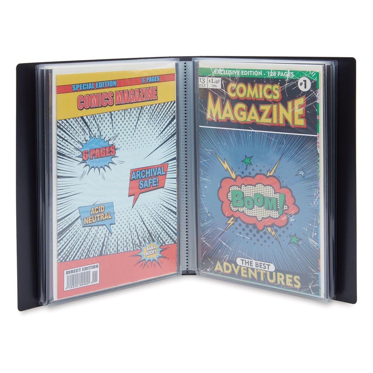 Itoya Comic Book Art Profolio - Open upright book with Comic Books, not Included