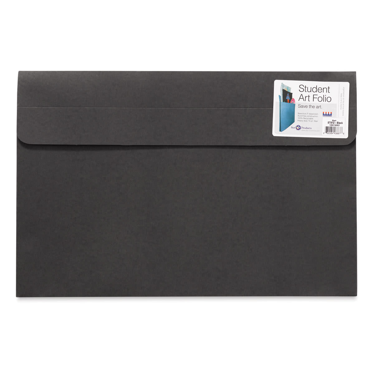 Star Products Student Art Folio - Front view of Black 12" x 18" Folio with label