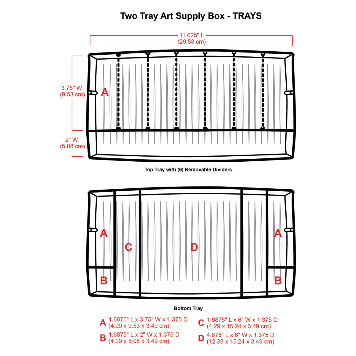 ArtBin Essentials Box - Art/Craft Box, Two Trays (illustration of the trays with dimensions)