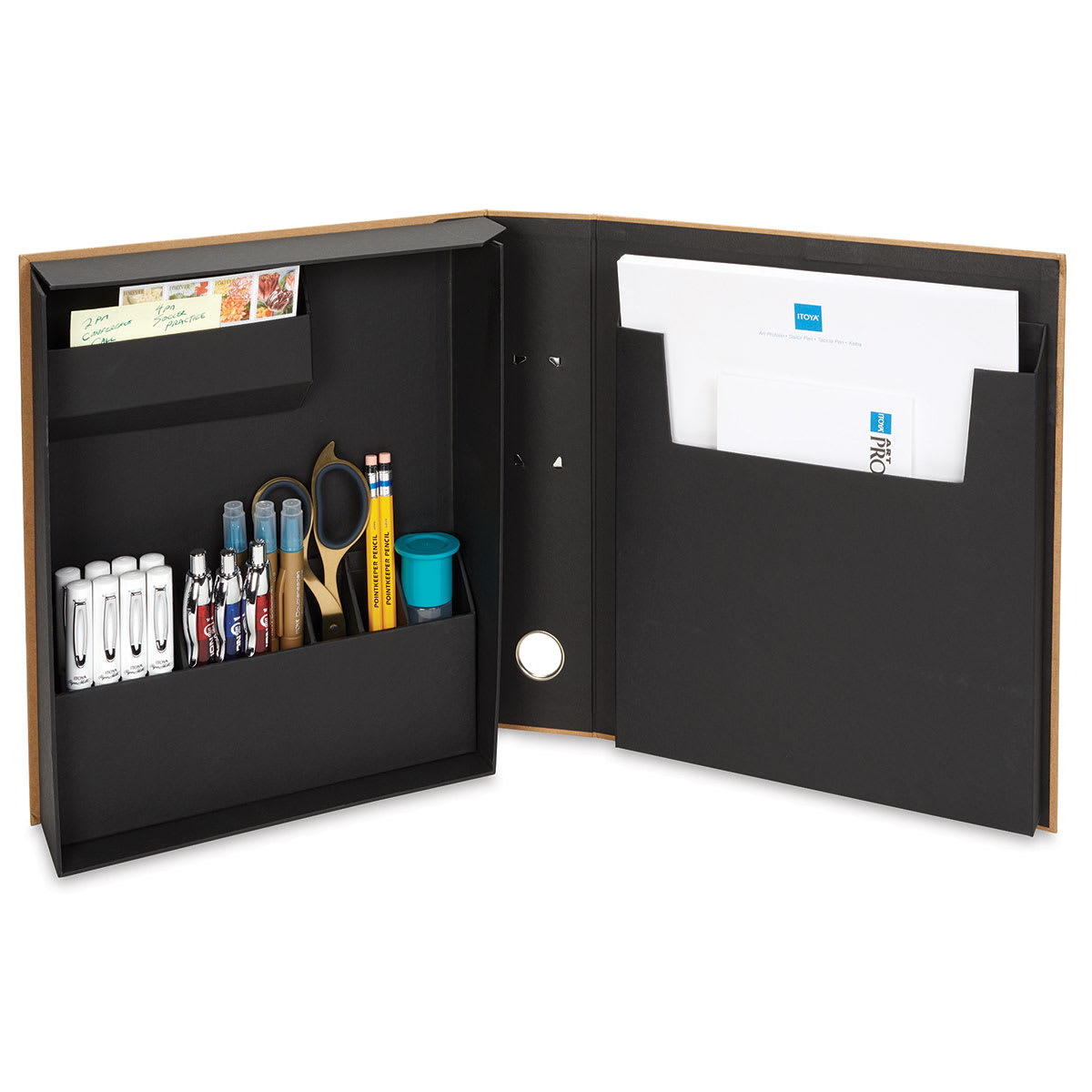 Itoya ProFolio Art & Desk Organizer - Brown Organizer accessorized with various supplies
