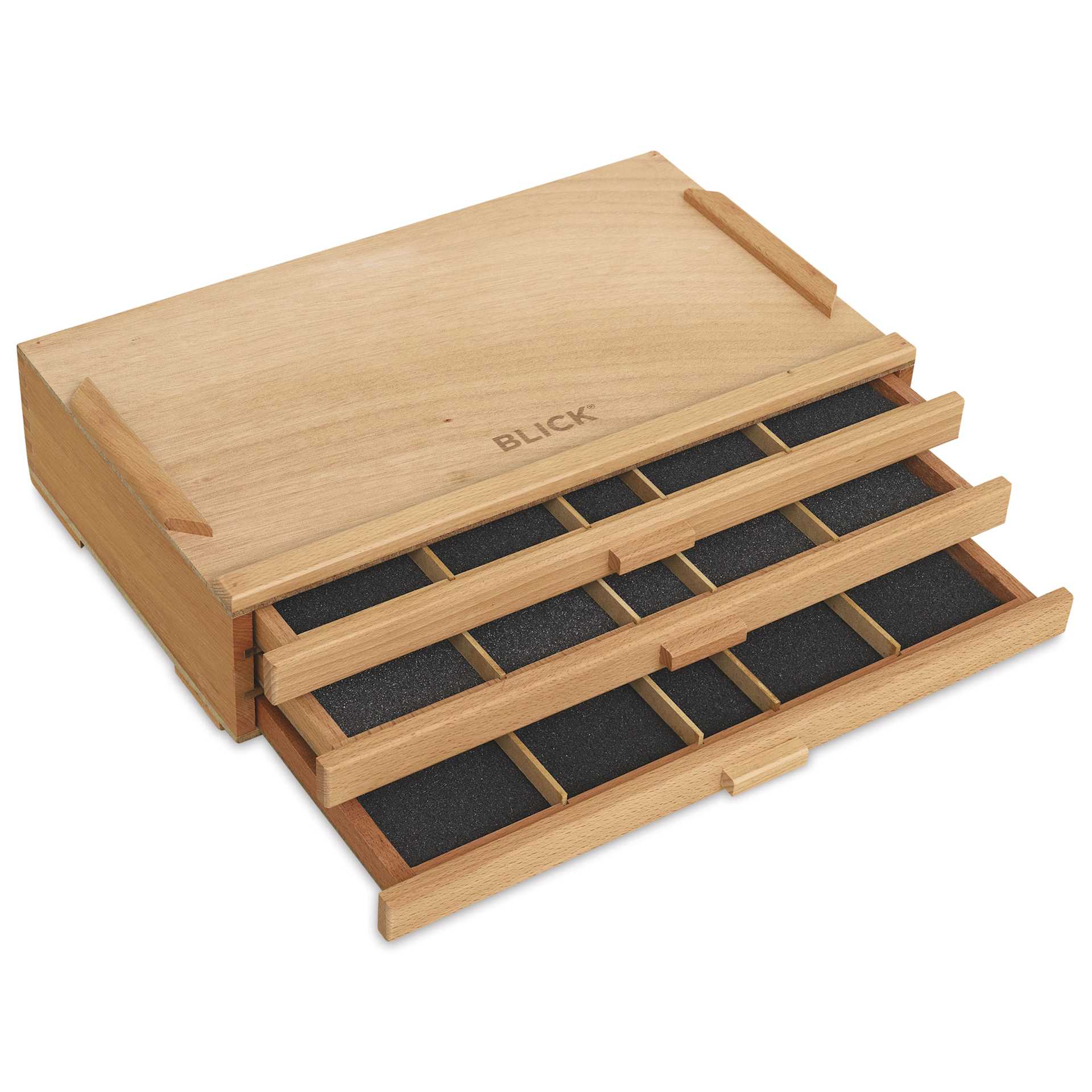 Blick Wooden Box Storage System - 3 Drawers, at an angle with drawers open