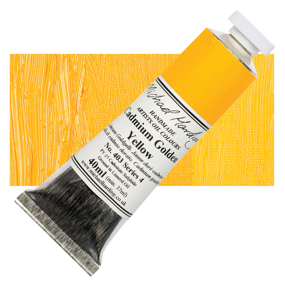 Michael Harding Artists Oil Paint - Cadmium Yellow Golden, 40 ml tube and swatch