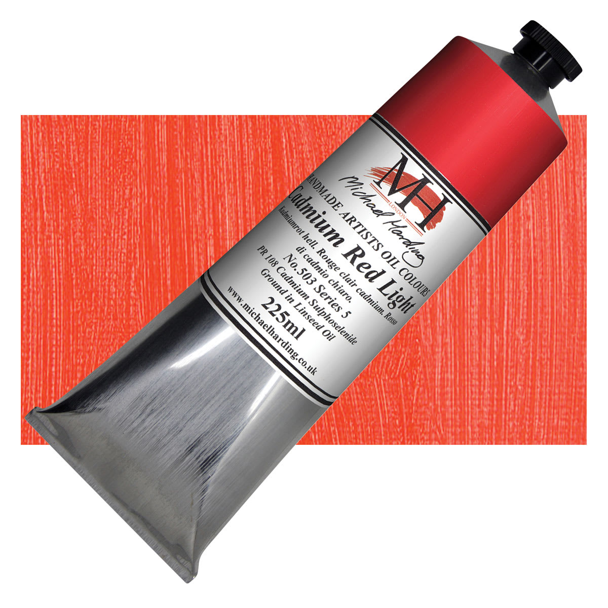 Michael Harding Artists Oil Paint - Cadmium Red Light, 225 ml tube and swatch