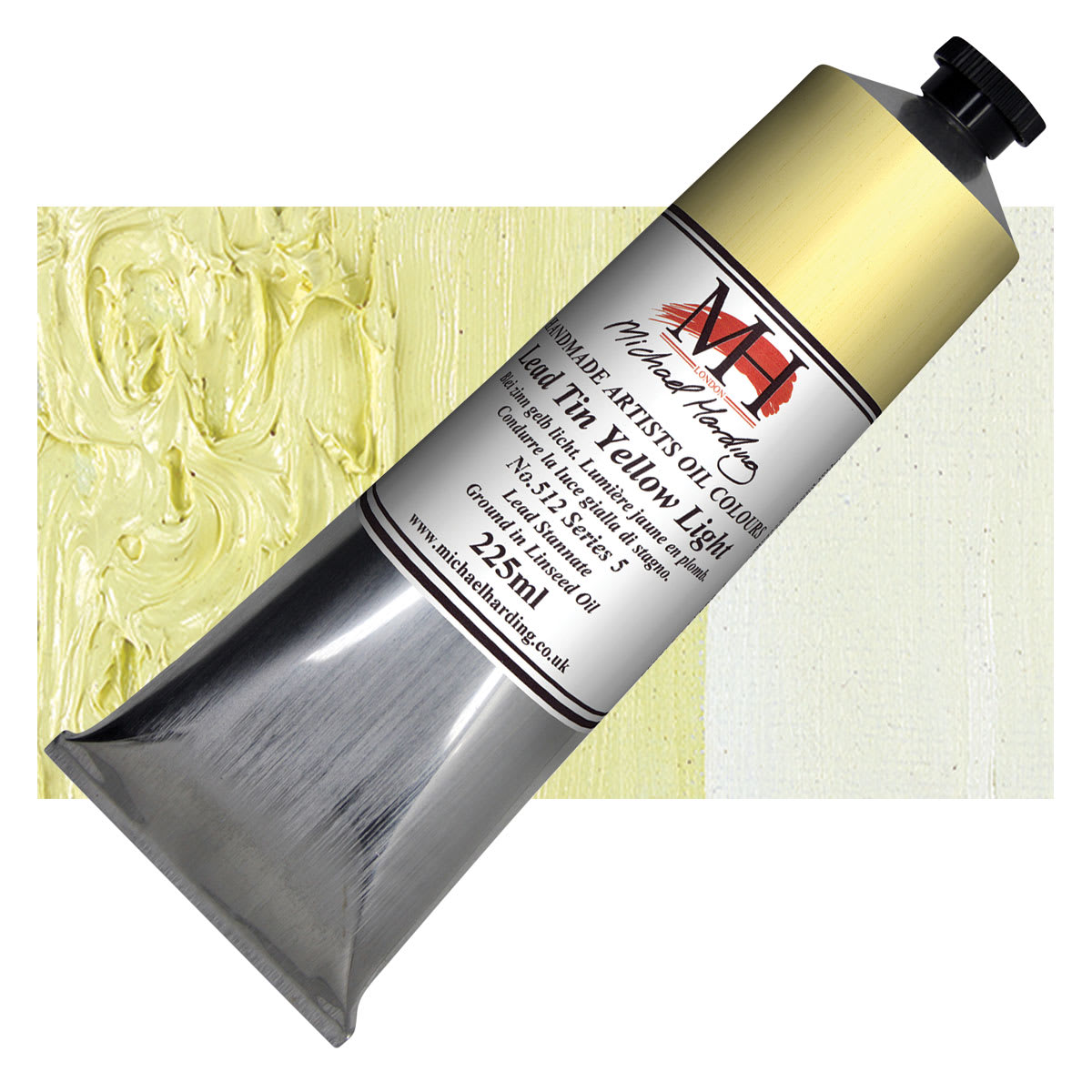 Michael Harding Artists Oil Paint - Lead Tin Yellow, 225 ml tube and swatch