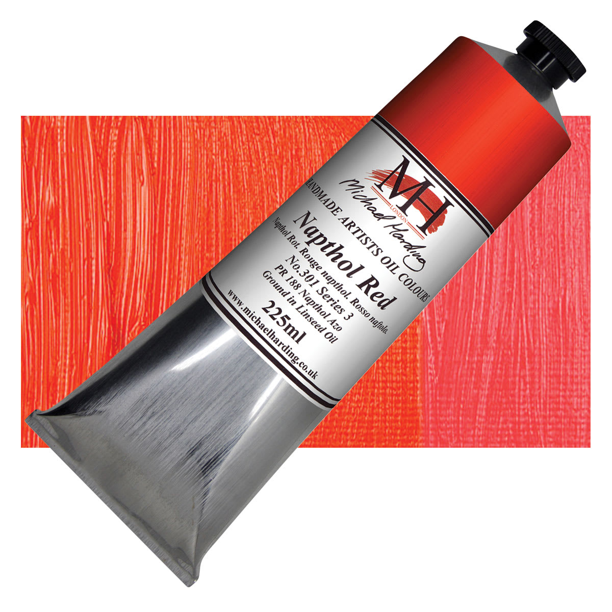 Michael Harding Artists Oil Paint - Naphthol Red, 225 ml tube and swatch