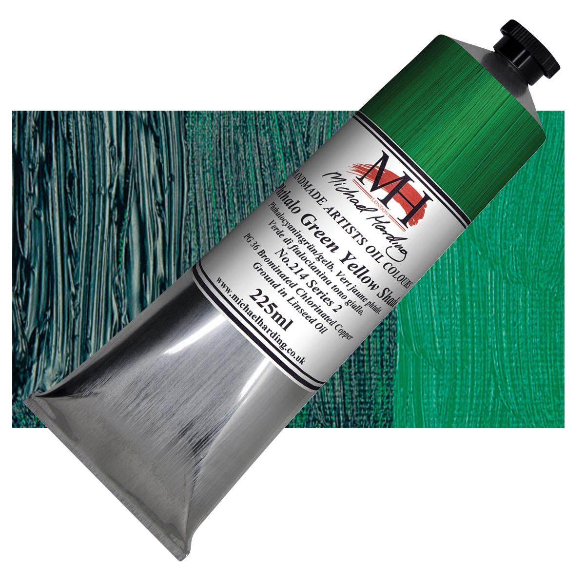 Michael Harding Artists Oil Paint - Phthalo Green Yellow Shade, 225 ml tube and swatch