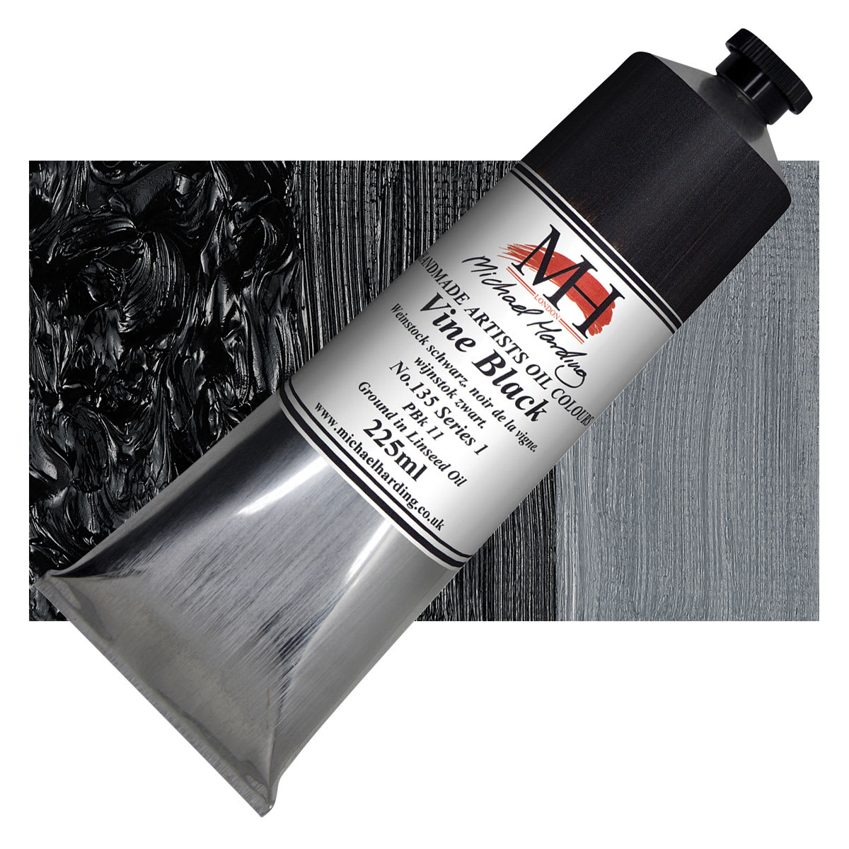 Michael Harding Artists Oil Paint - Vine Black, 225 ml tube and swatch