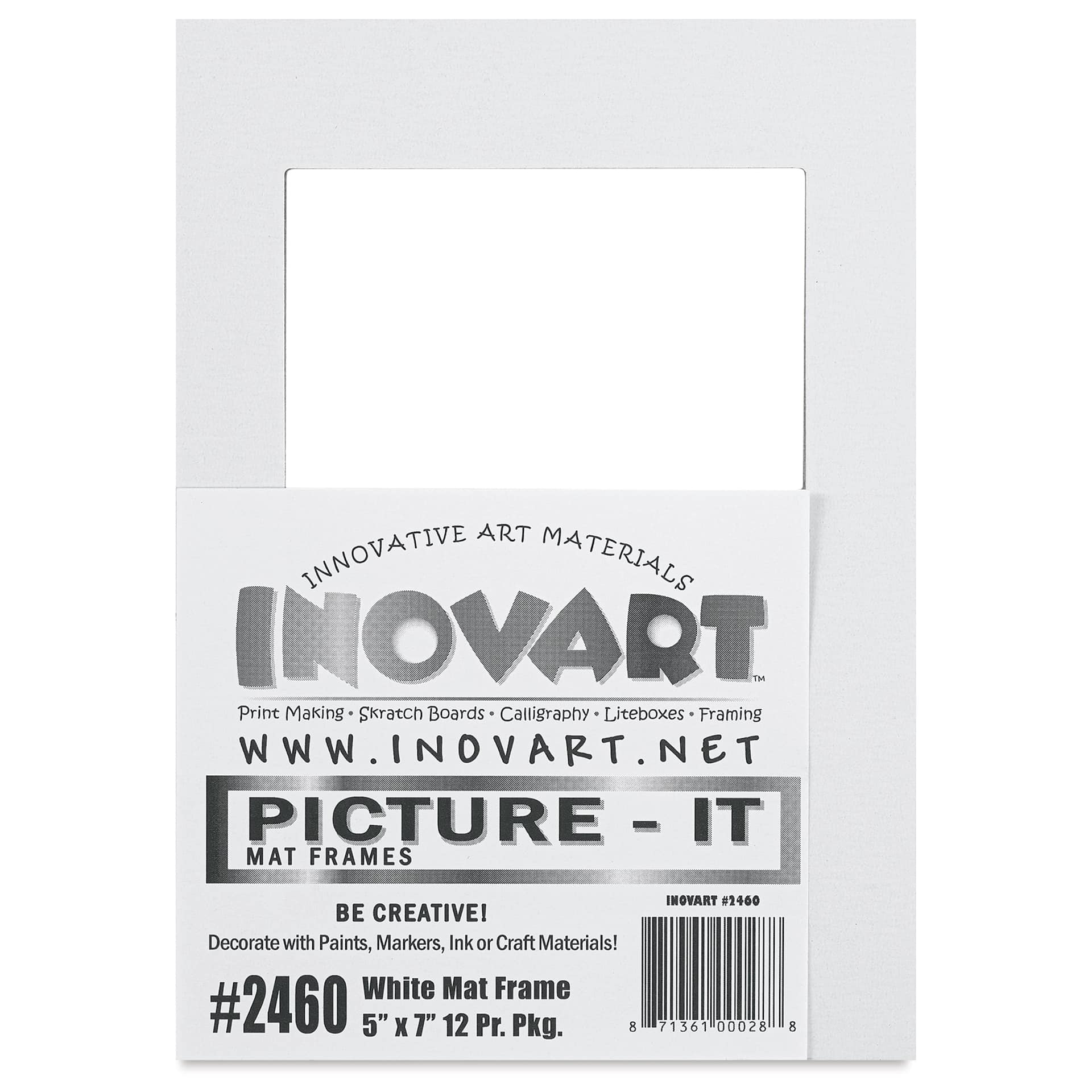 Pre-Cut Mat Frames - White, 5" x 7" (3" x 5" Artwork Size), Pkg of 12, front of packaging