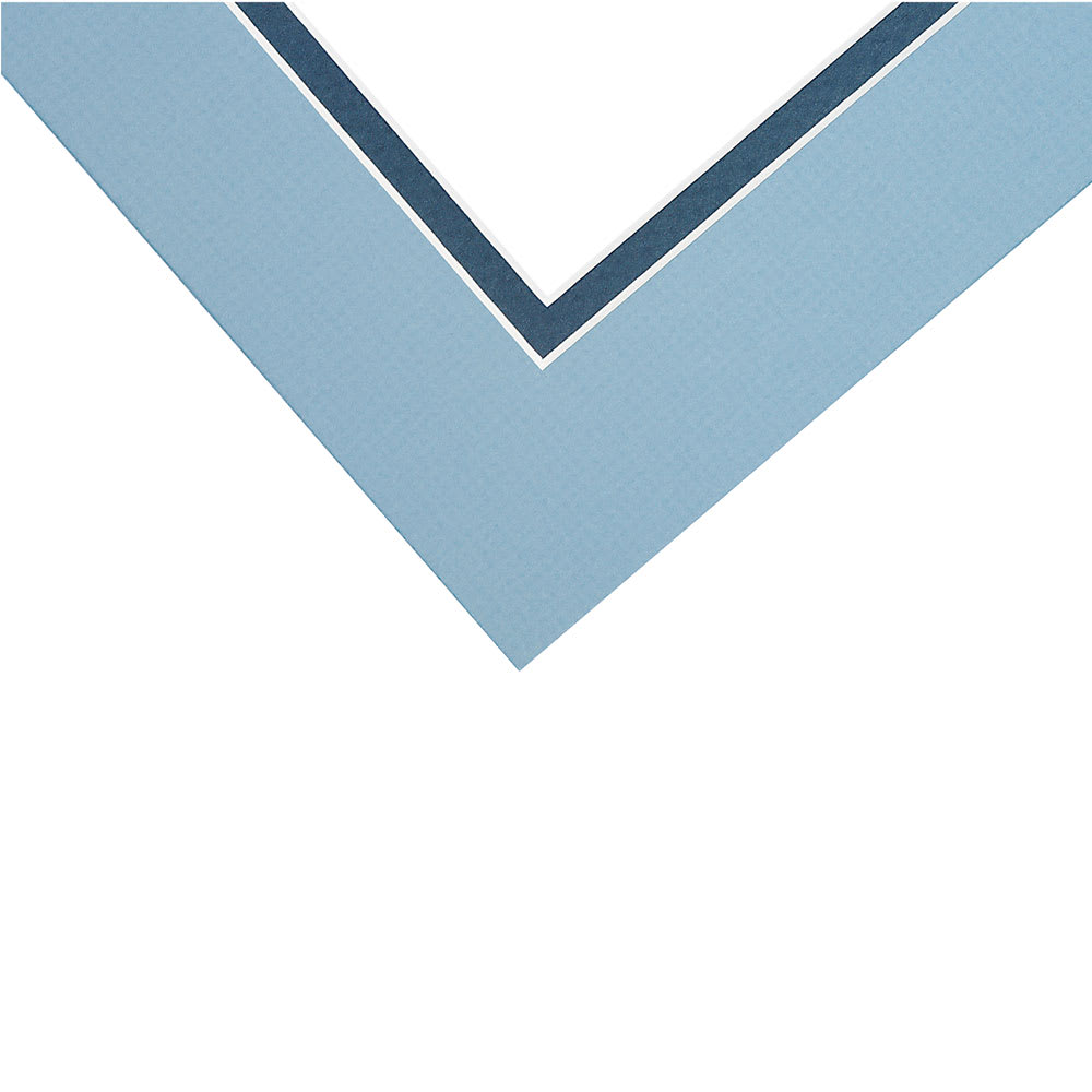 Blick White Core Pre-Cut Double Mats - Closeup of corner of Biscay Blue and Newport Blue Mat