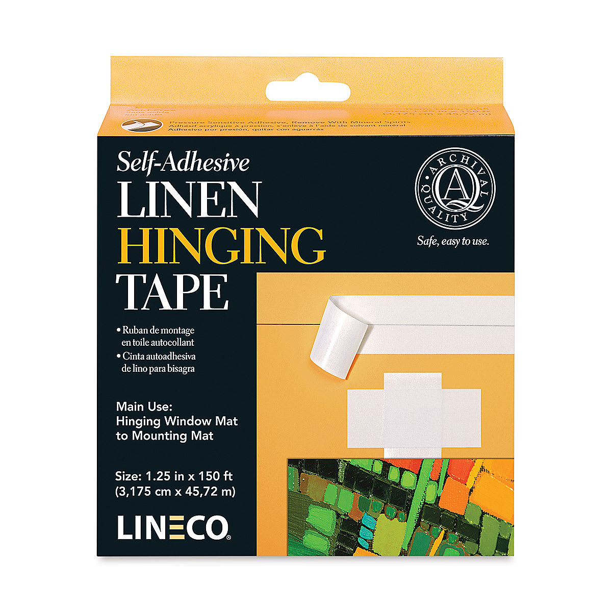 Lineco Self-Adhesive Linen Hinging Tape - 1-1/4" x 150 ft, front of the packaging Lineco Self-Adhesive Linen Hinging Tape - 1-1/4" x 150 ft, front of the packaging