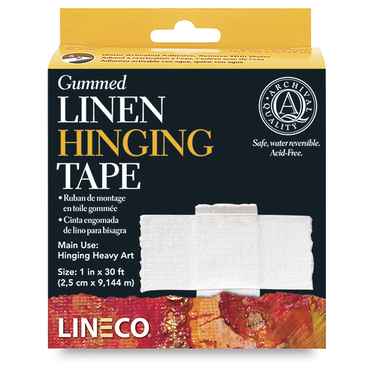 Lineco Acid-Free Gummed Linen Tape - Front of package of 1" x 30 Ft tape
Lineco Acid-Free Gummed Linen Tape - Front of package of 1" x 30 Ft tape