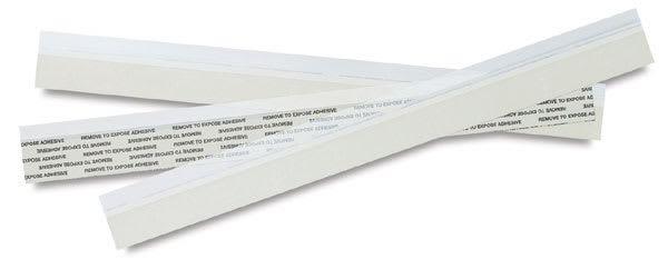 Lineco See-Thru Mounting Strips - Top view of three mounting strips showing clear edge Lineco See-Thru Mounting Strips - Top view of three mounting strips showing clear edge