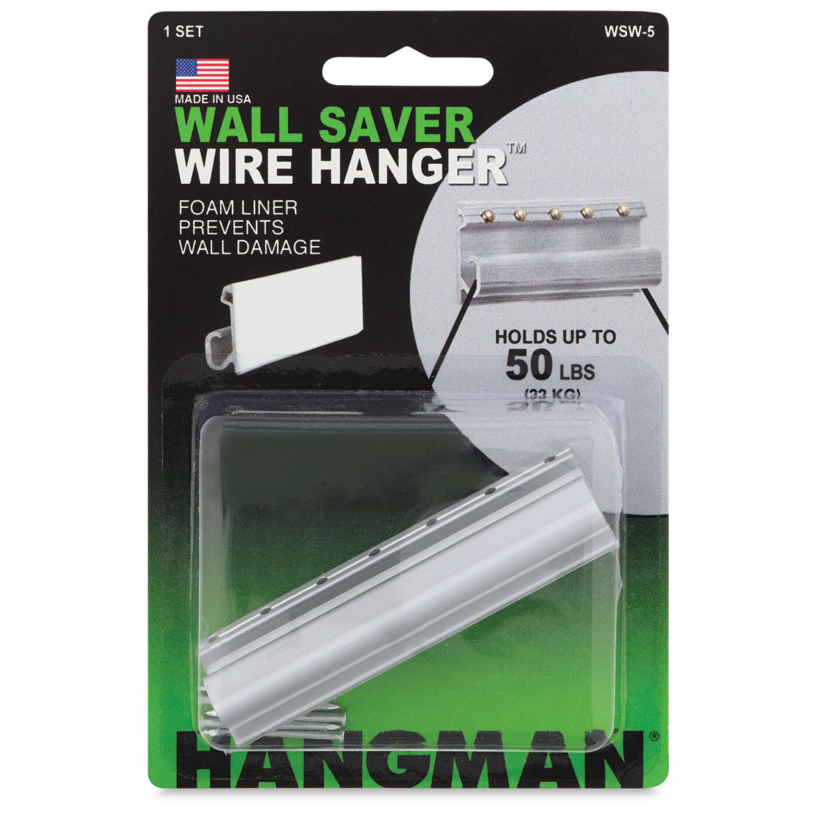 Hangman Wall Saver Wire Hanger - Front of blister package of 50 lb Wire Hanger