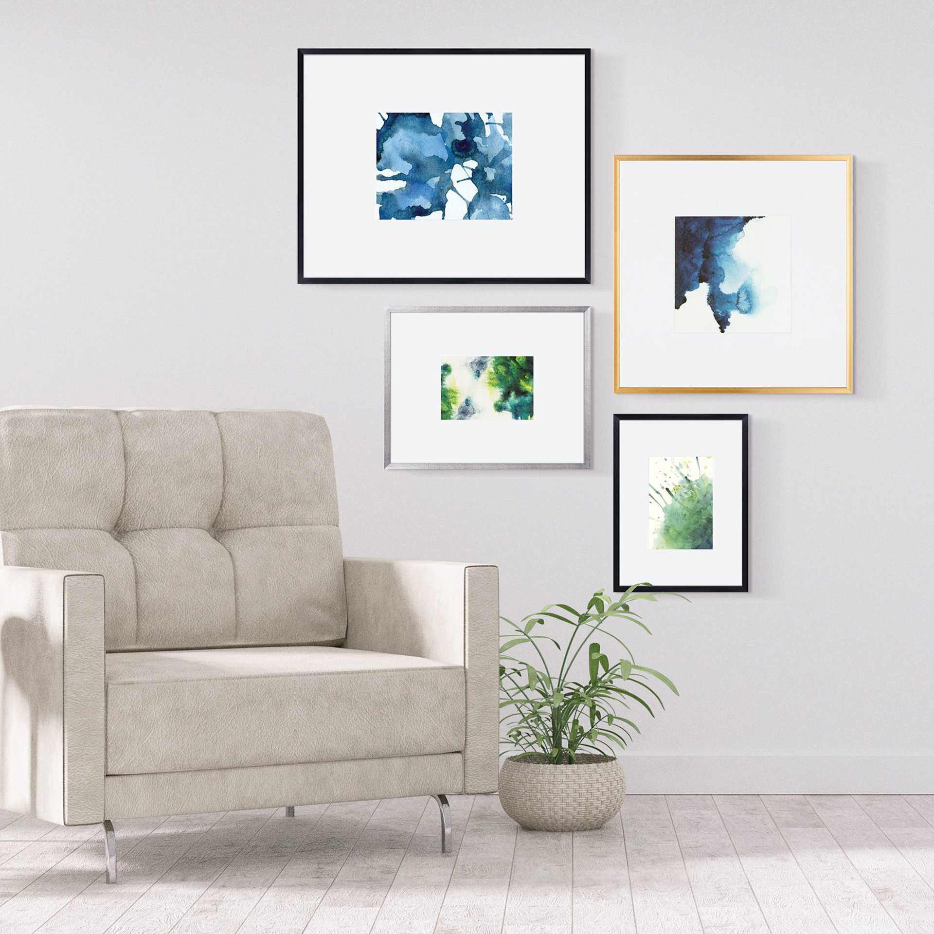 Blick Chelsea Metal Gallery Frames with White Mat, different finishes hung on wall Blick Chelsea Metal Gallery Frames with White Mat, different finishes hung on wall
