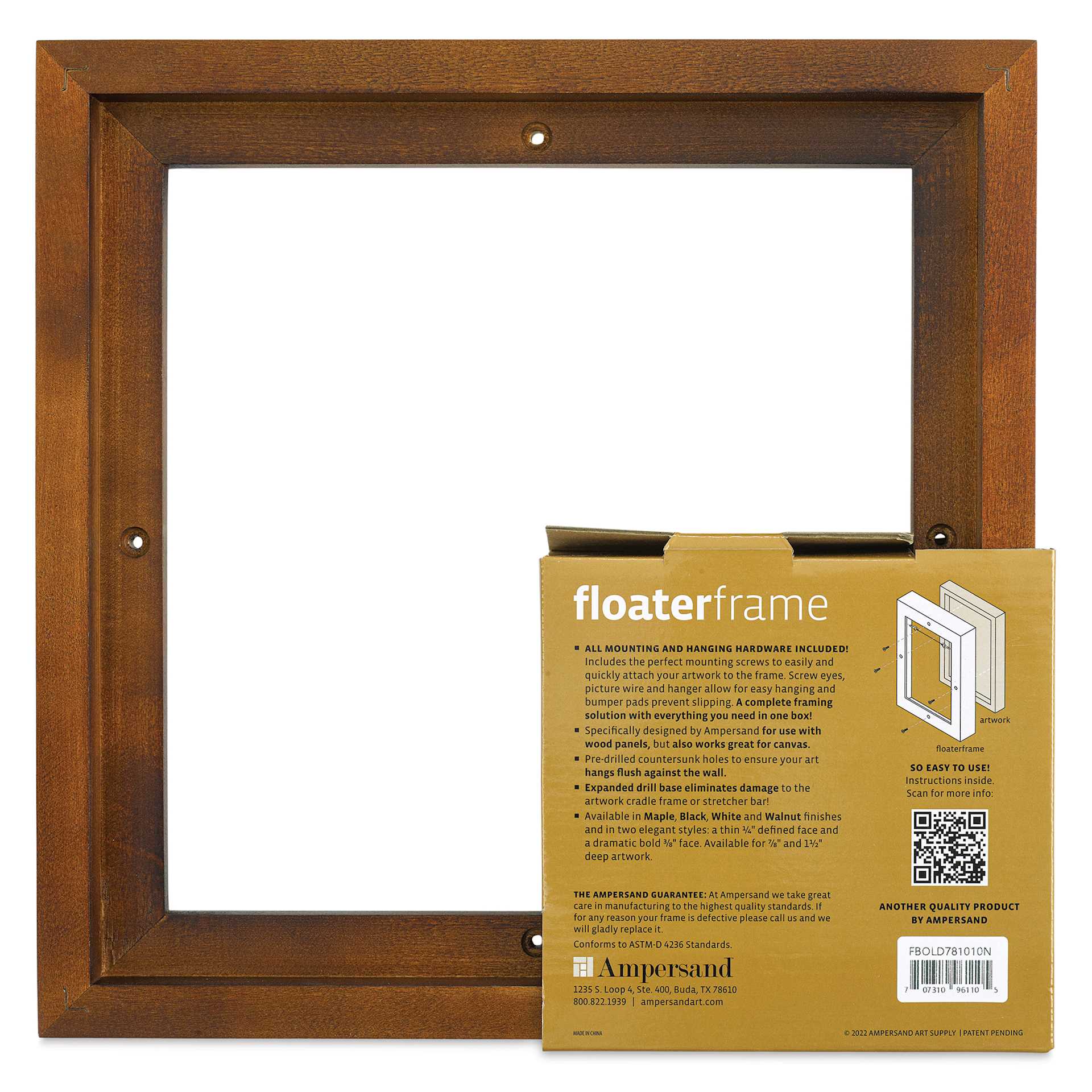 Ampersand Floaterframe - Bold, Walnut, 10" x 10", 7/8", back of packaging
