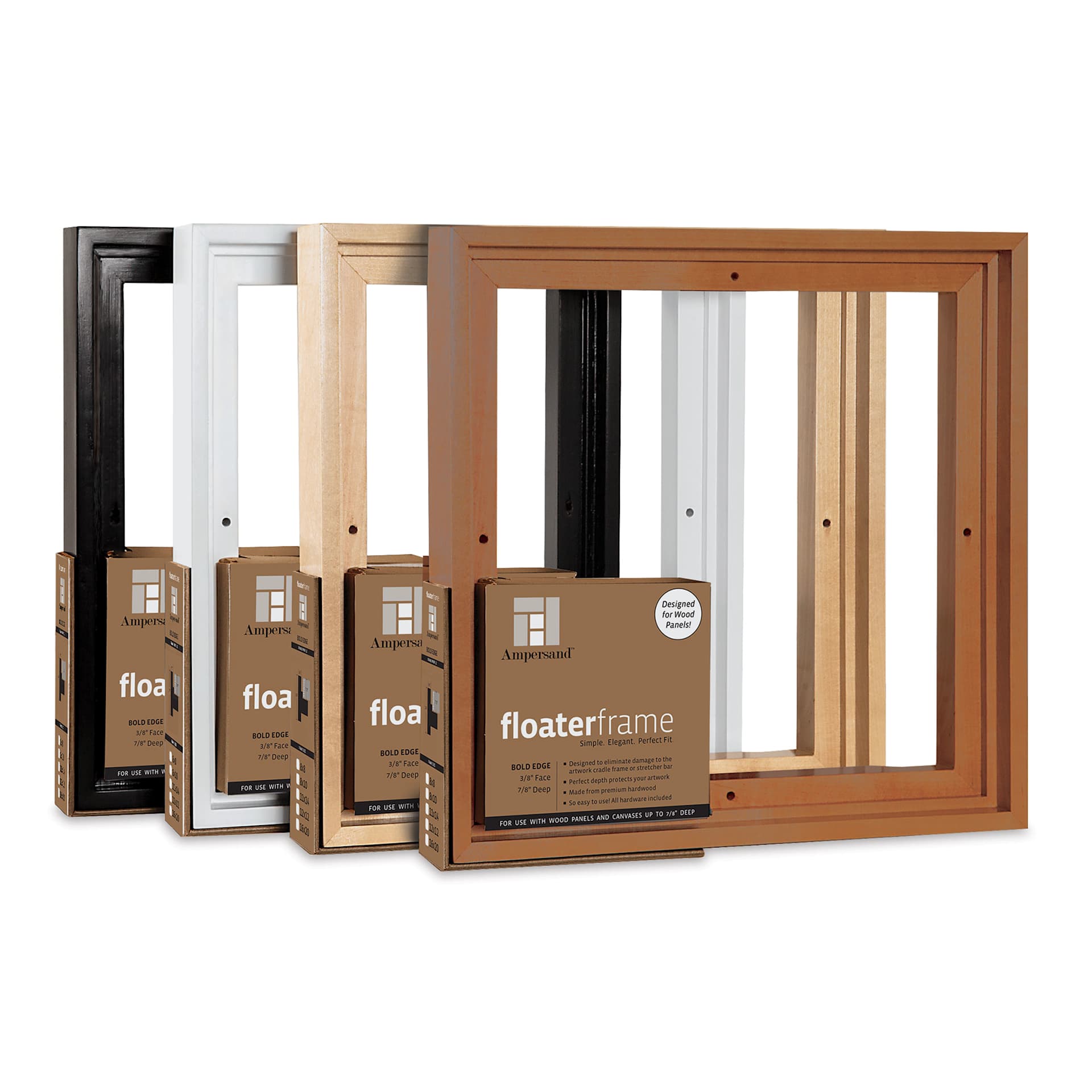 Ampersand Floaterframes - Left Angle of Bold Face Black, White, Maple and Walnut frames Ampersand Floaterframes - Left Angle of Bold Face Black, White, Maple and Walnut frames