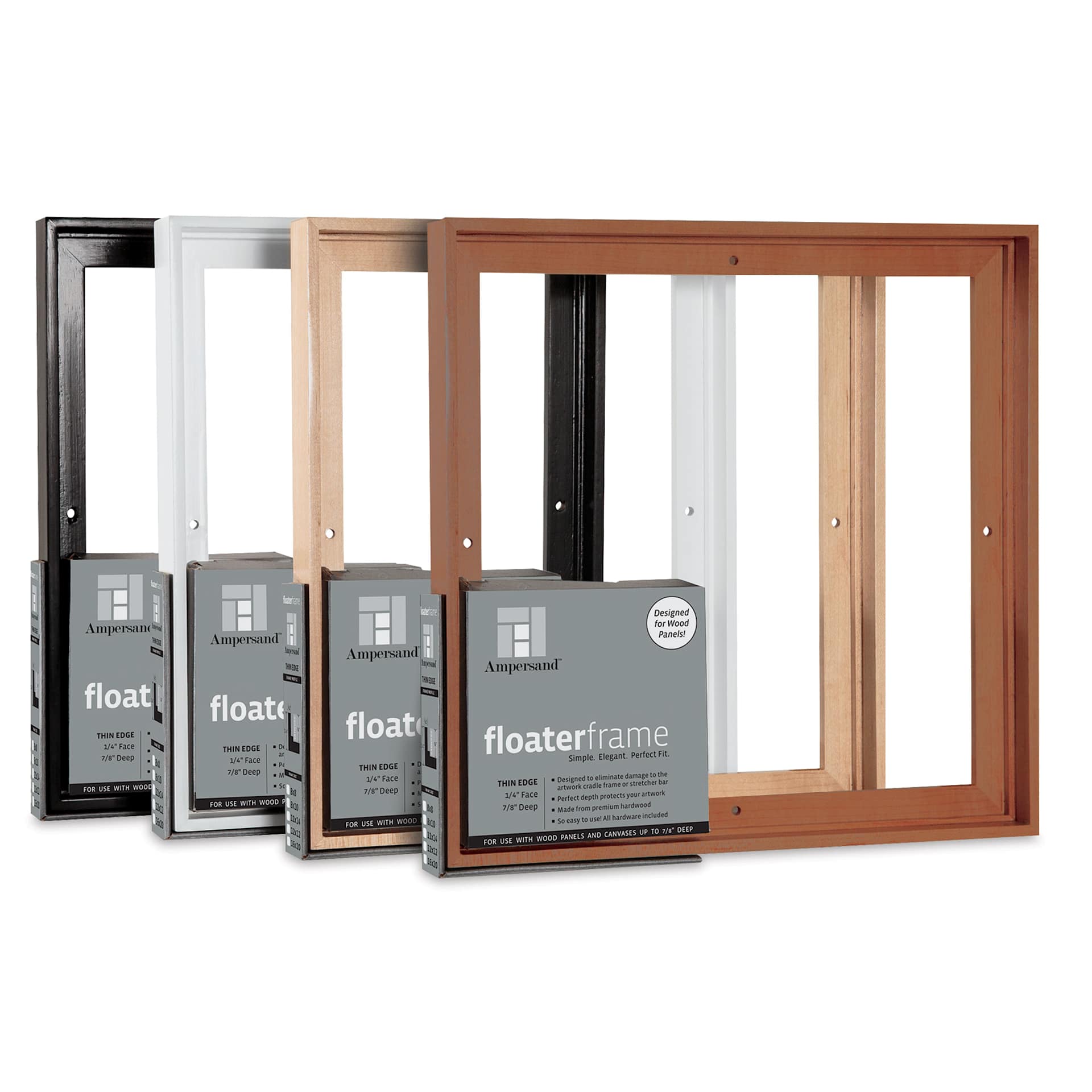 Ampersand FloaterFrames - Left Angle of Thin Face Black, White, Maple and Walnut frames
